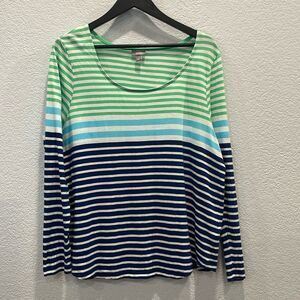 J. Jill Blue, White, & Green Striped Scoop Neck Long Sleeve Shirt Size Large